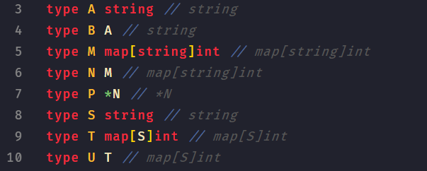 Go declarations illustrating named string, map, pointer, and composite types and their underlying types