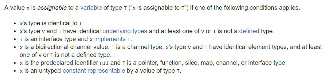 Assignability specs Golang.