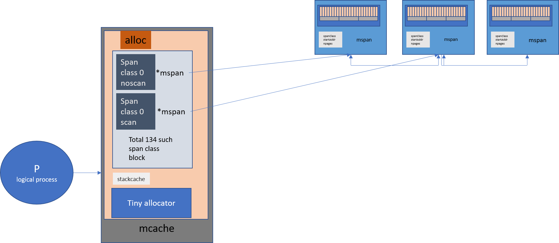 Illustrative Representation of a Relationship between P, mcache, and mspan in Go.
