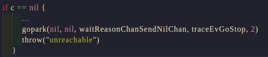 Go runtime chansend branch that parks a goroutine when it sends to a nil channel