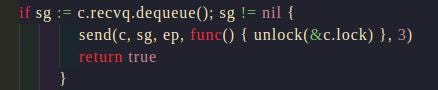 Go runtime chansend code dequeuing a waiting receiver and sending the value directly