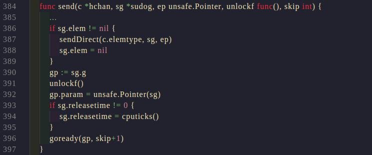 Go runtime send function copying a value to a waiting receiver and making its goroutine runnable with goready