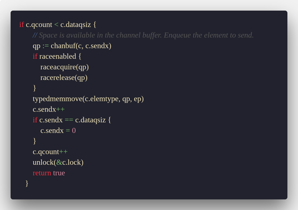 Go runtime buffered-channel send path copying an element into the ring buffer and advancing the send index