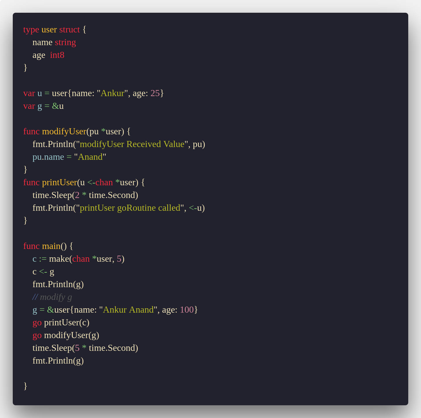 Go example that sends a pointer to a user value through a buffered channel before changing the original pointer