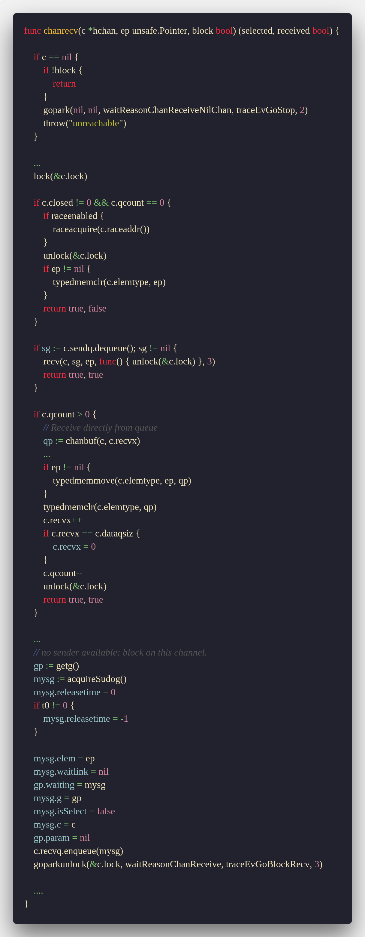 Go runtime chanrecv flow covering nil, closed, buffered, waiting-sender, and blocking receive cases